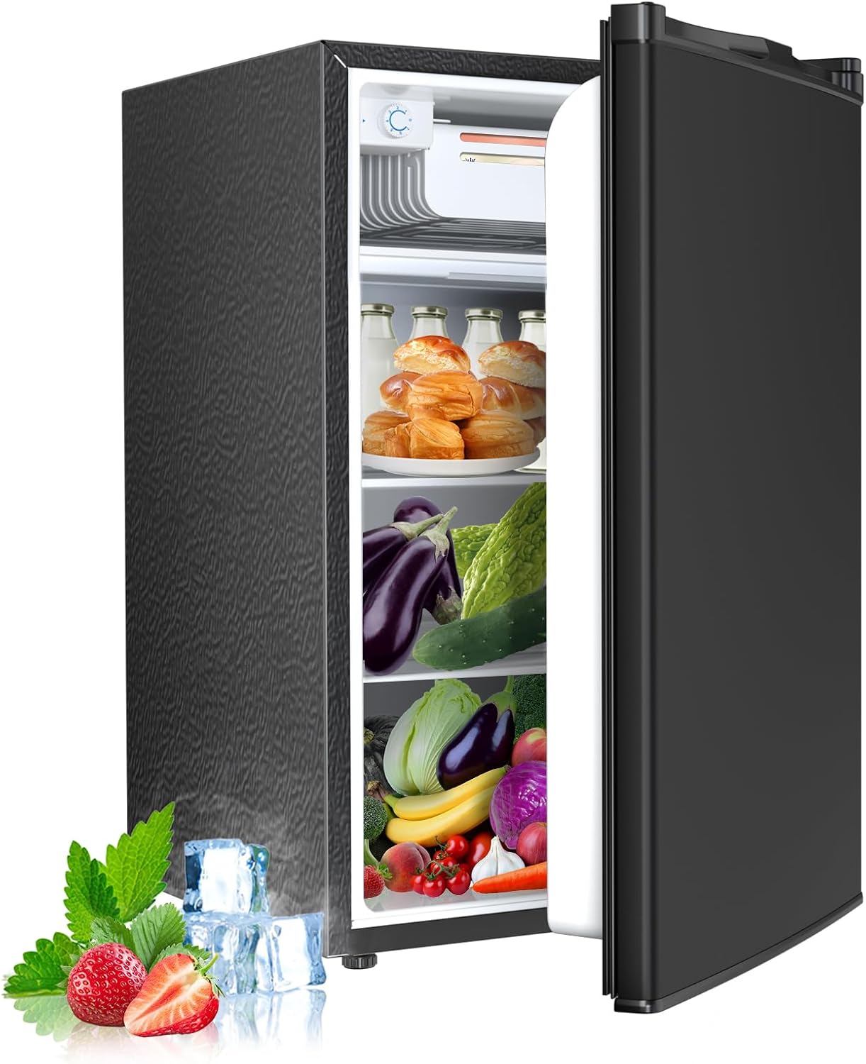 Small black refrigerator with open door displaying food items on a white background