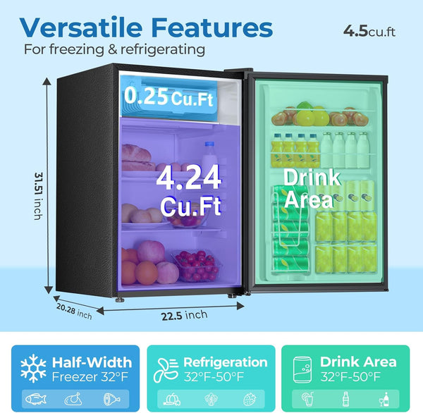 Small refrigerator with drink area and measurement details on a blue background