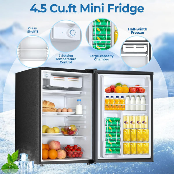4.5 Cu.ft Mini Fridge with open door showing food items and features on a blue gradient background