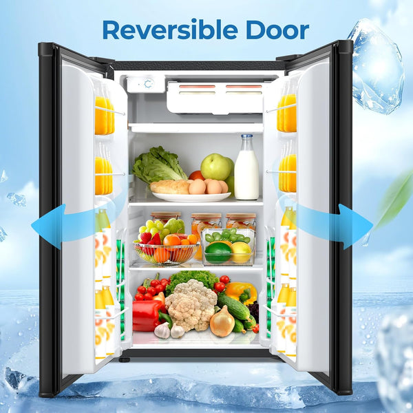 Open refrigerator with reversible door feature, filled with food items on a blue background.