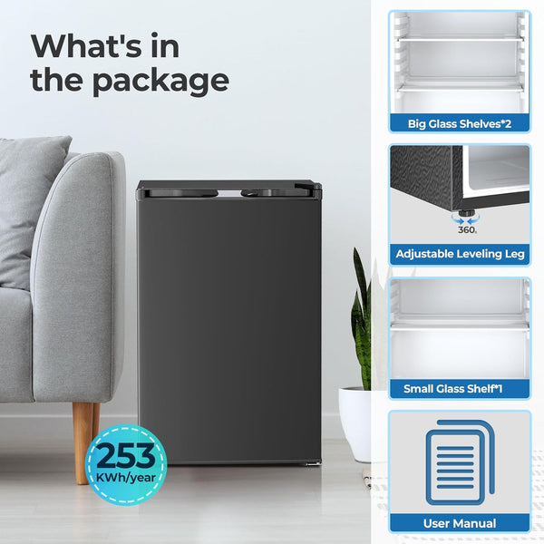 Black refrigerator with features listed on a whiteboard in a living room setting
