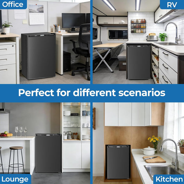 Collage of a black refrigerator in various settings including an office, RV, lounge, and kitchen.