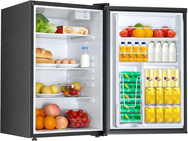 Open refrigerator with various food items inside