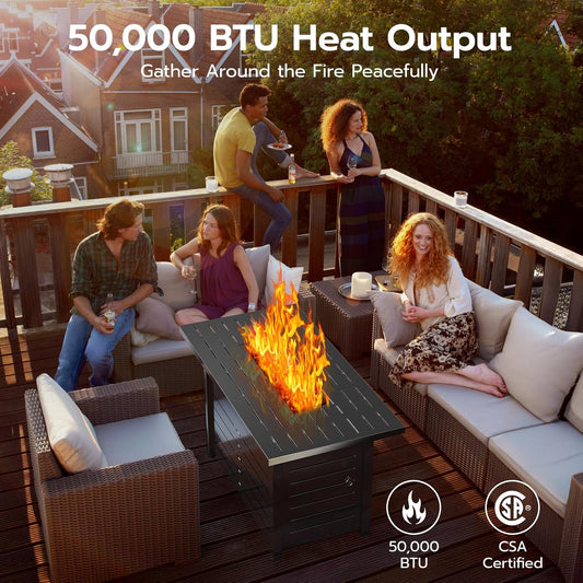 People sitting around a fire pit on a deck with '50,000 BTU Heat Output' text.