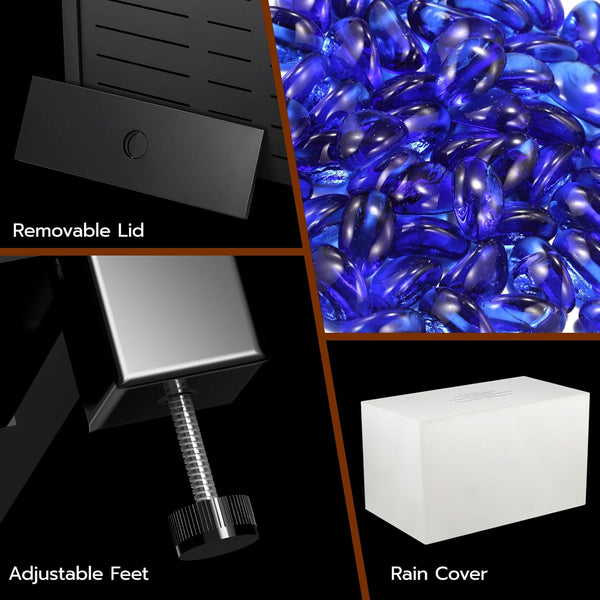 Product features including a removable lid, adjustable feet, and a rain cover with close-up of blue glass beads.