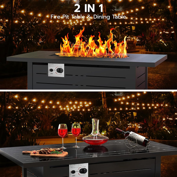 2-in-1 fire pit table and dining table with flames and outdoor setting.