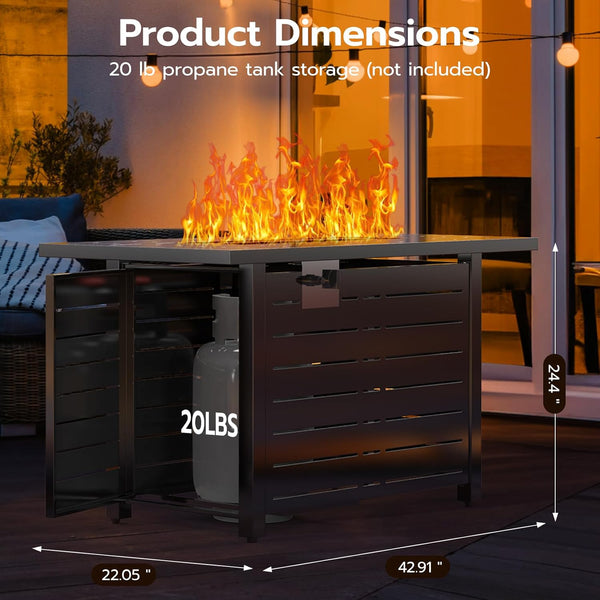 Outdoor fire pit with propane tank storage dimensions displayed