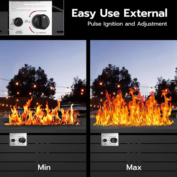 Demonstration of a gas grill's flame intensity control with 'Min' and 'Max' settings.