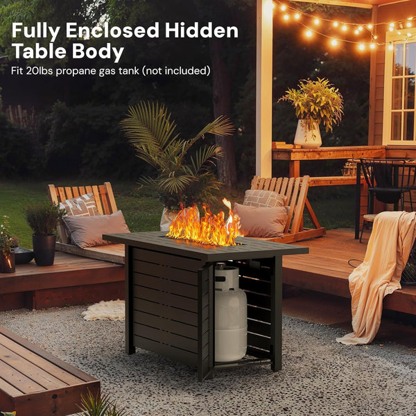 Outdoor patio setting with a fire pit table and propane tank, featuring text about a fully enclosed hidden table body.