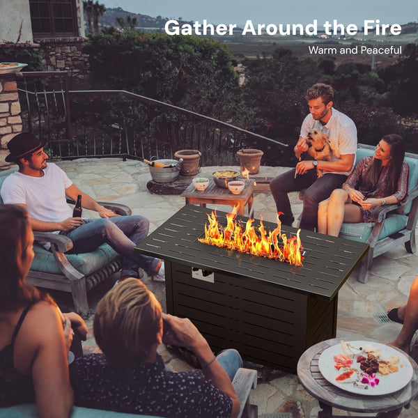 People gathered around a fire pit on a patio with 'Gather Around the Fire' text above.