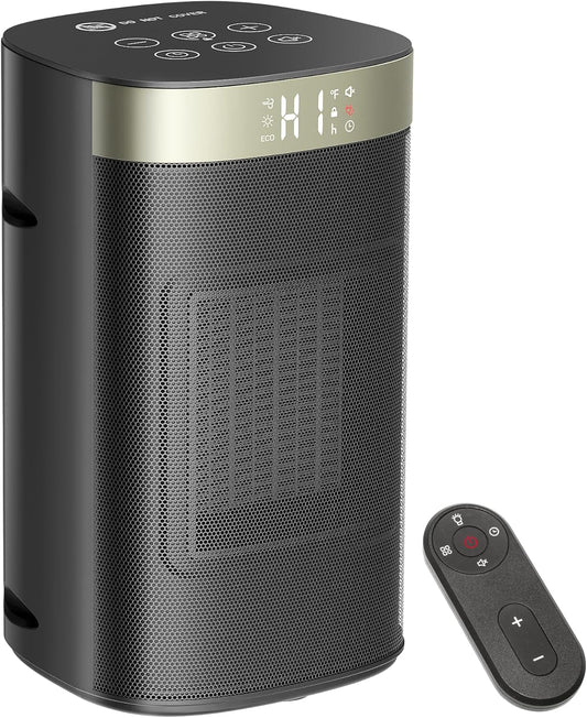 Black portable heater with digital display and remote control on a white background