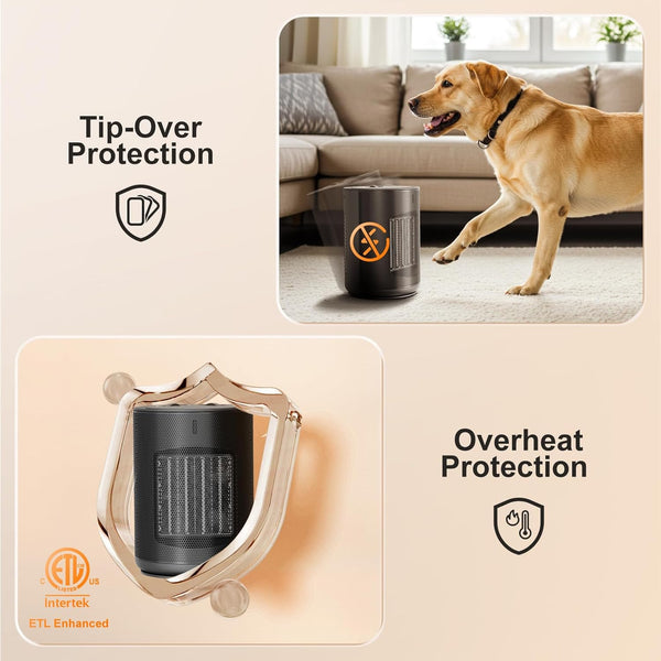 Dog near a heater with 'Tip-Over Protection' and 'Overheat Protection' features highlighted.