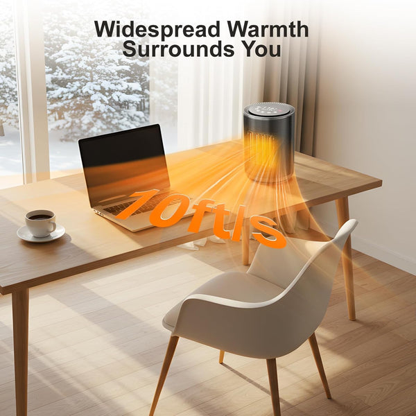 Zoftis air heater emitting warmth on a desk with a laptop and coffee cup in a bright room.