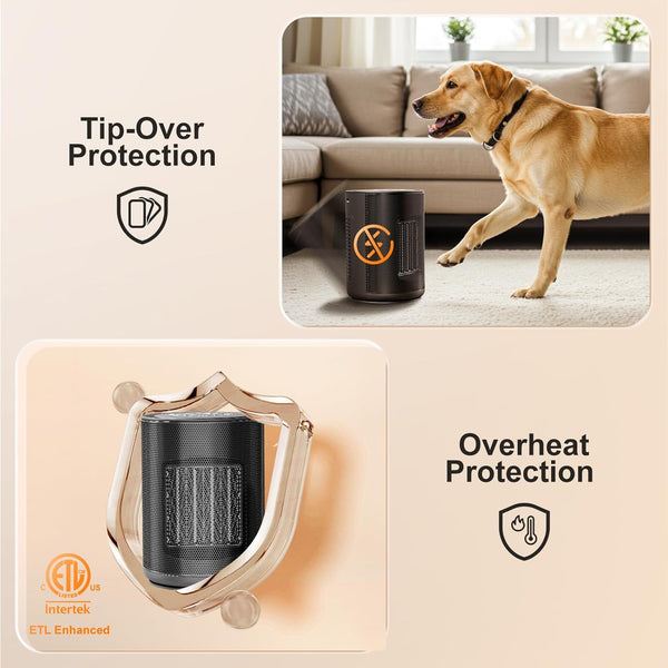 Dog walking near a small heater with 'Tip-Over Protection' and 'Overheat Protection' text on a beige background.