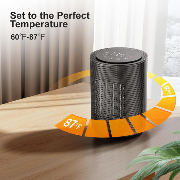 Black portable heater on a wooden surface with temperature display and text 'Set to the Perfect Temperature 60°F-87°F'.