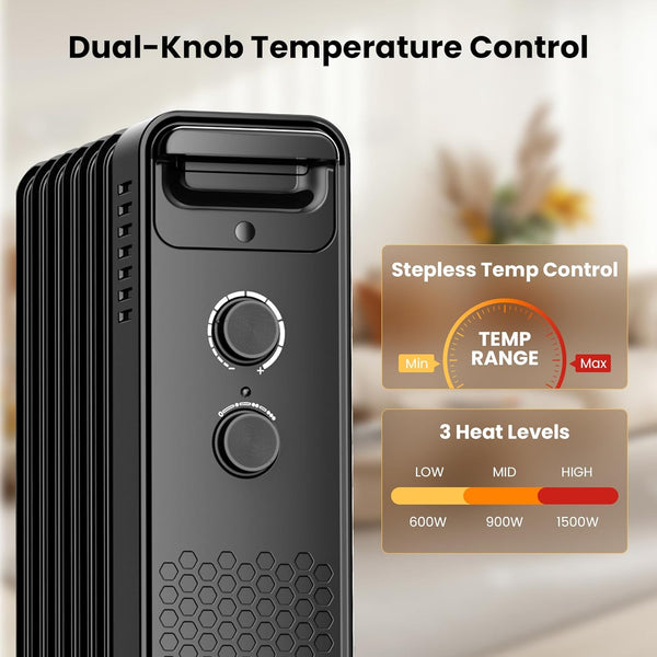Black electric heater with dual-knob temperature control and stepless temp range display.
