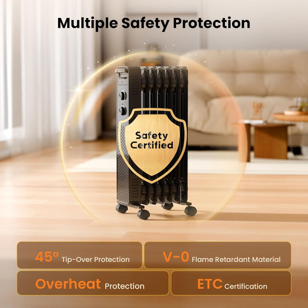 Portable heater with safety certification badge on a wooden floor, surrounded by a protective bubble.