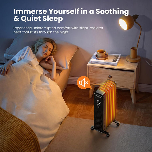 Person sleeping in bed with a radiator next to them, creating a soothing and quiet sleep atmosphere.