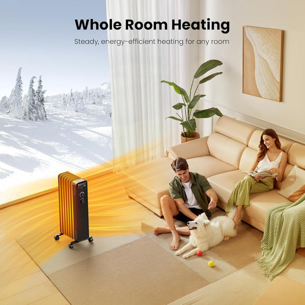 Living room with a person and a dog sitting on the floor next to a radiator, with text 'Whole Room Heating' and 'Steady, energy-efficient heating for any room'.