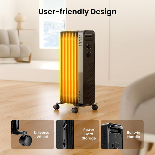 Portable heater on a wooden floor with features highlighted in a living room setting.