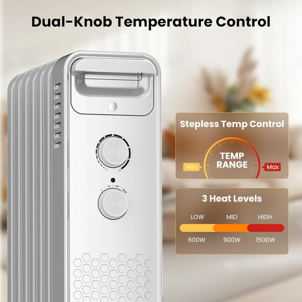 Electric radiator with dual-knob temperature control and stepless temp range display.