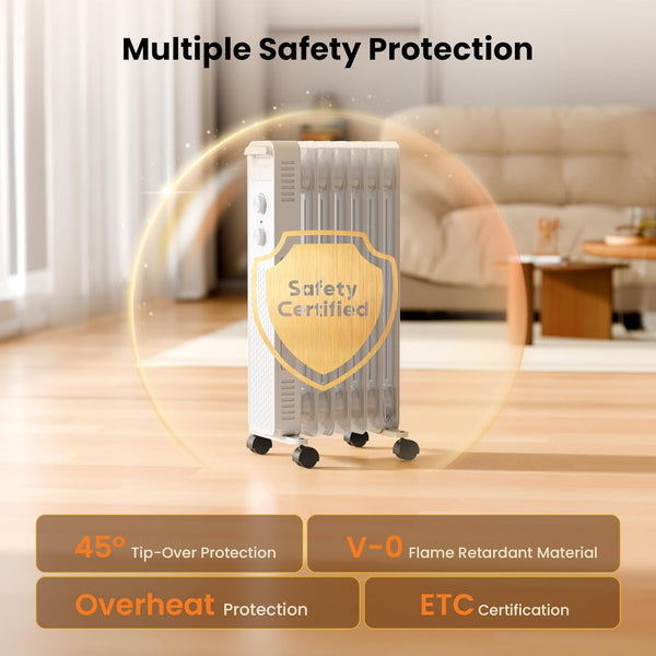 Heater with safety certification badge on a wooden floor, surrounded by text about safety features.