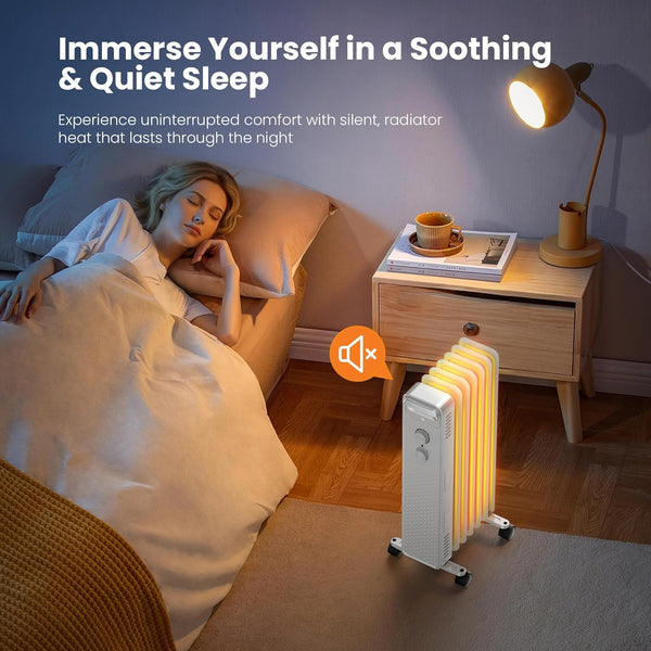 Person sleeping in bed with a radiator on a nightstand