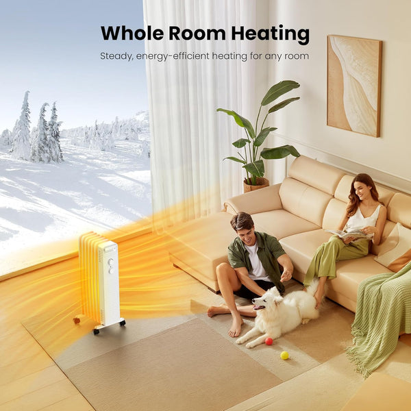 Living room with a person and dog near a space heater, with text 'Whole Room Heating' and 'Steady, energy-efficient heating for any room'.