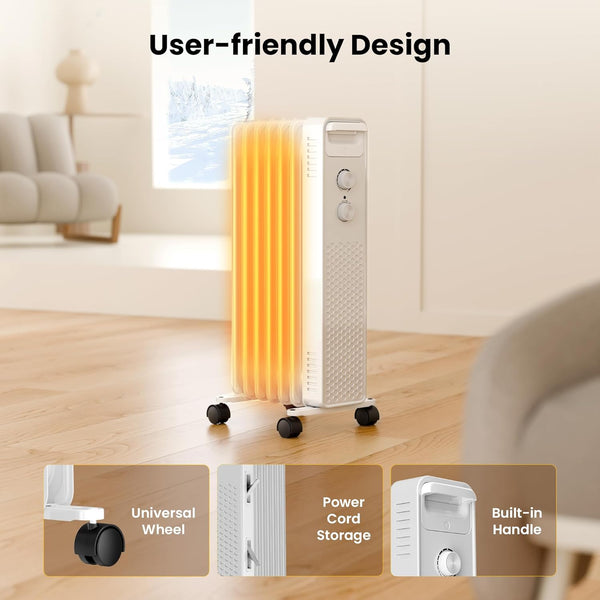 Portable heater on a wooden floor with features highlighted in a living room setting.