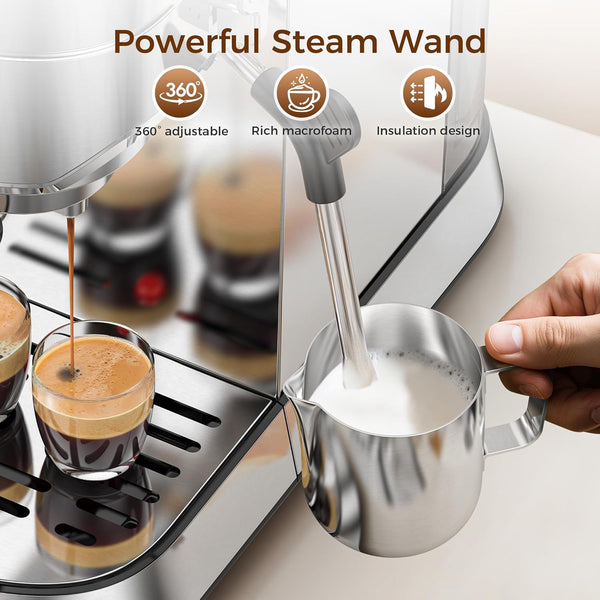 Coffee machine with steam wand, milk frothing pitcher, and coffee being poured into a glass.