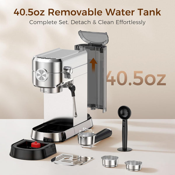 Espresso machine with removable water tank on a beige background