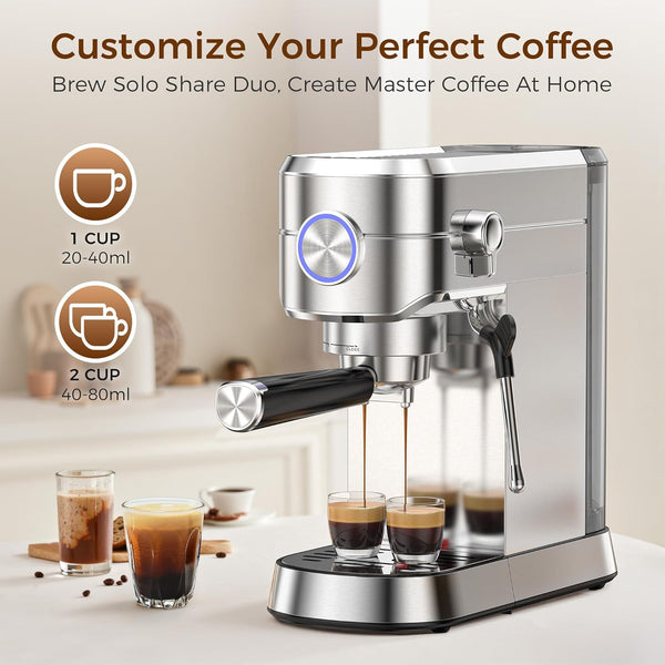 Coffee machine with cups of coffee on a countertop, featuring text about customizable coffee.