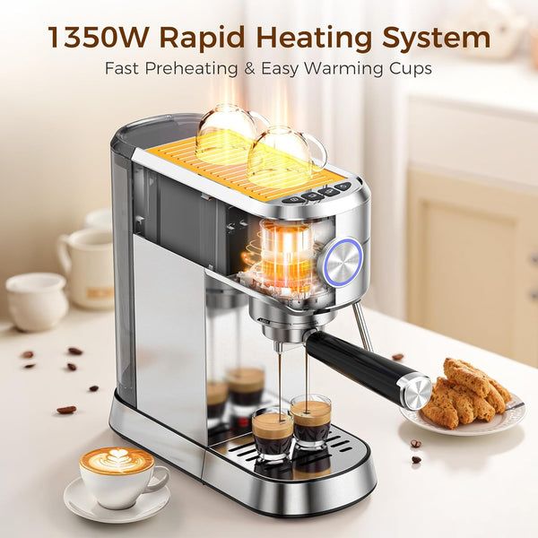 Coffee machine with rapid heating system on a kitchen counter