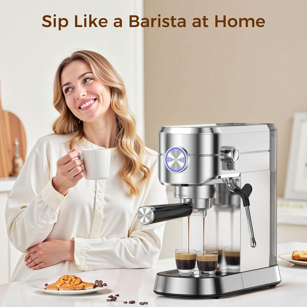 Woman holding a coffee cup next to an espresso machine with text 'Sip Like a Barista at Home'.
