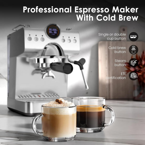 Espresso Machine with Cold Brew, Professional Espresso Maker with Milk Frother Steam Wand for Latte & Cappuccino, Espresso Coffee Machine with LED Display for Home CM8057