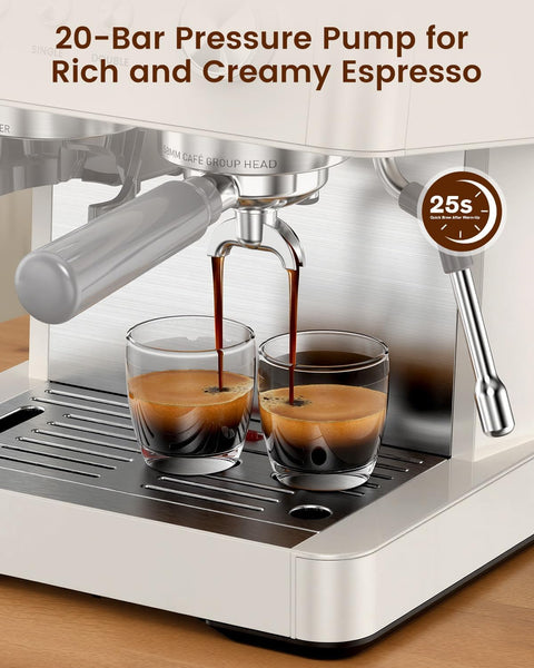 Espresso machine with 20-Bar Pressure Pump dispensing coffee into two glasses.