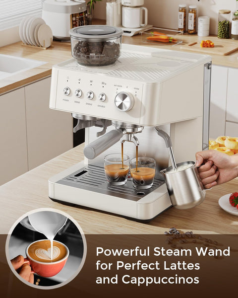 Espresso machine on a kitchen counter with coffee being poured into glasses, surrounded by kitchen items.