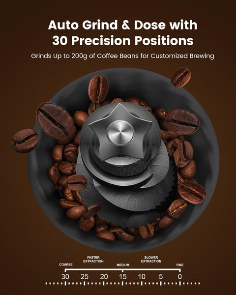 Coffee grinder with coffee beans and text on a brown background