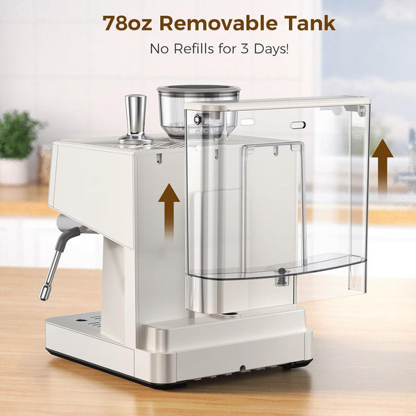 Coffee machine with a removable tank on a wooden surface