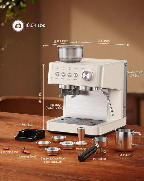 White espresso machine with measurements and accessories on a wooden surface