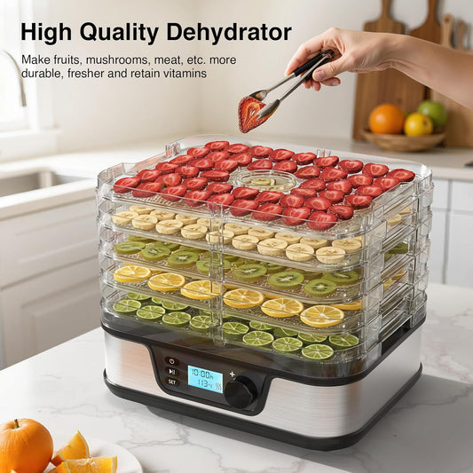 High-quality dehydrator with fruits on trays in a kitchen setting