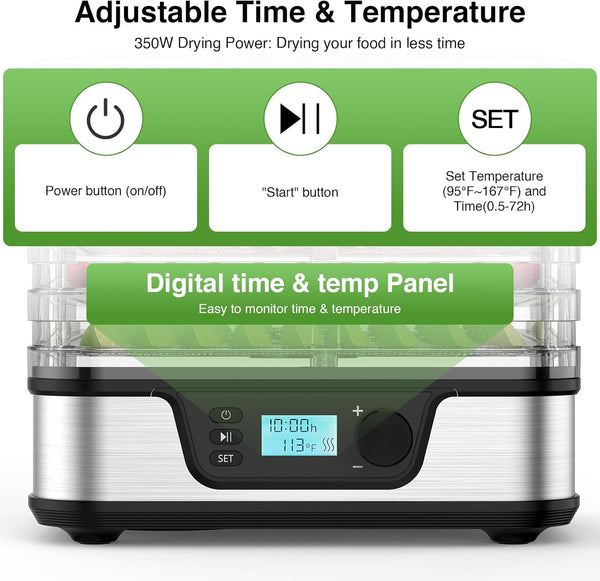 Digital food dehydrator with control panel and food inside, featuring adjustable time and temperature settings.