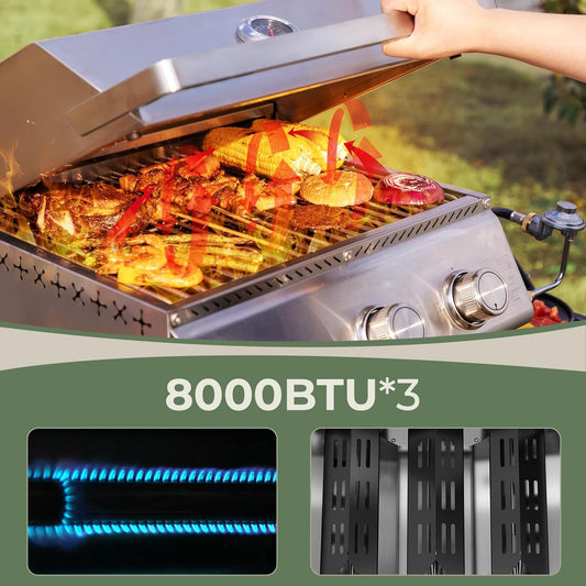 3-Burner Tabletop Portable Propane Gas Grill with Detachable Griddle,24,000 BTU Compact Outdoor BBQ TG0130K