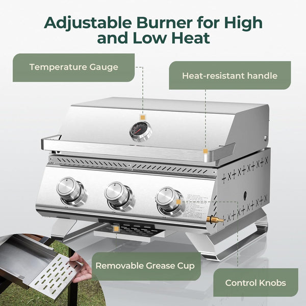 3-Burner Tabletop Portable Propane Gas Grill with Detachable Griddle,24,000 BTU Compact Outdoor BBQ TG0130K