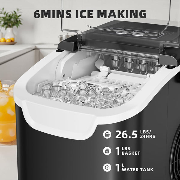 Ice maker with ice cubes and product details on a kitchen counter.
