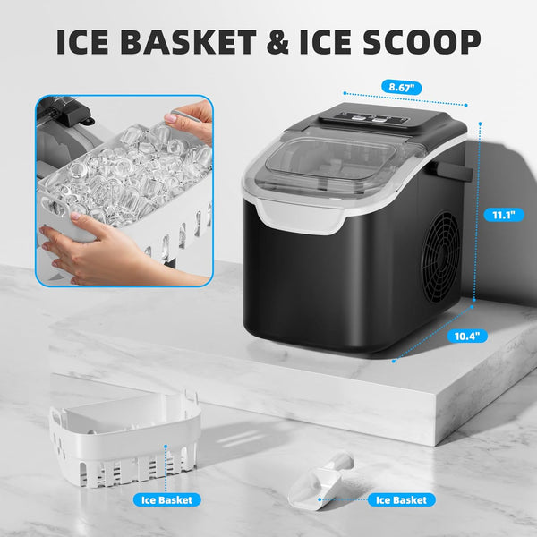 Portable ice maker with ice basket, scoop, and filled ice tray on a white background