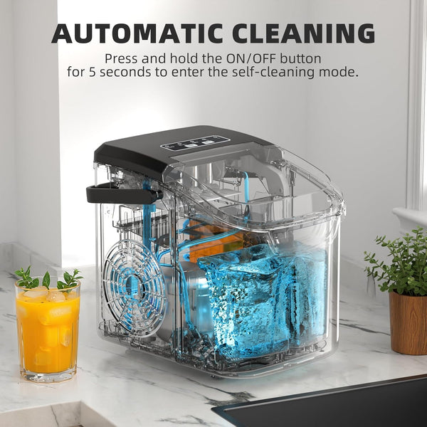 Automatic cleaning device on a kitchen counter with text instructions.