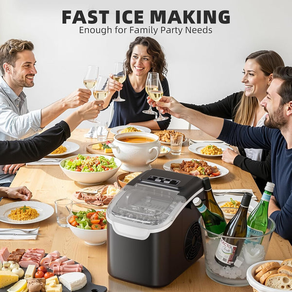 Group of people enjoying a meal with ice maker on the table