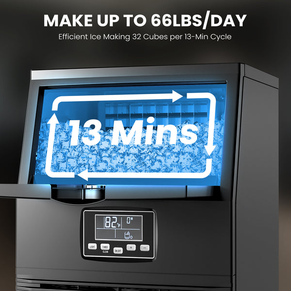 Ice maker with digital display showing ice production details on a black background