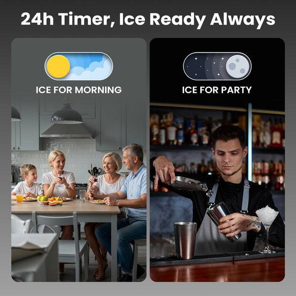 Two scenes showing ice for morning and ice for party with text '24h Timer, Ice Ready Always'.